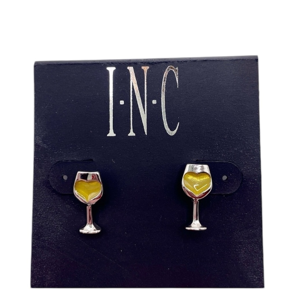 NWT Macys INC Silver Wine Glass Stud Dangle Earrings W/ Yellow Hearts - Picture 2 of 4